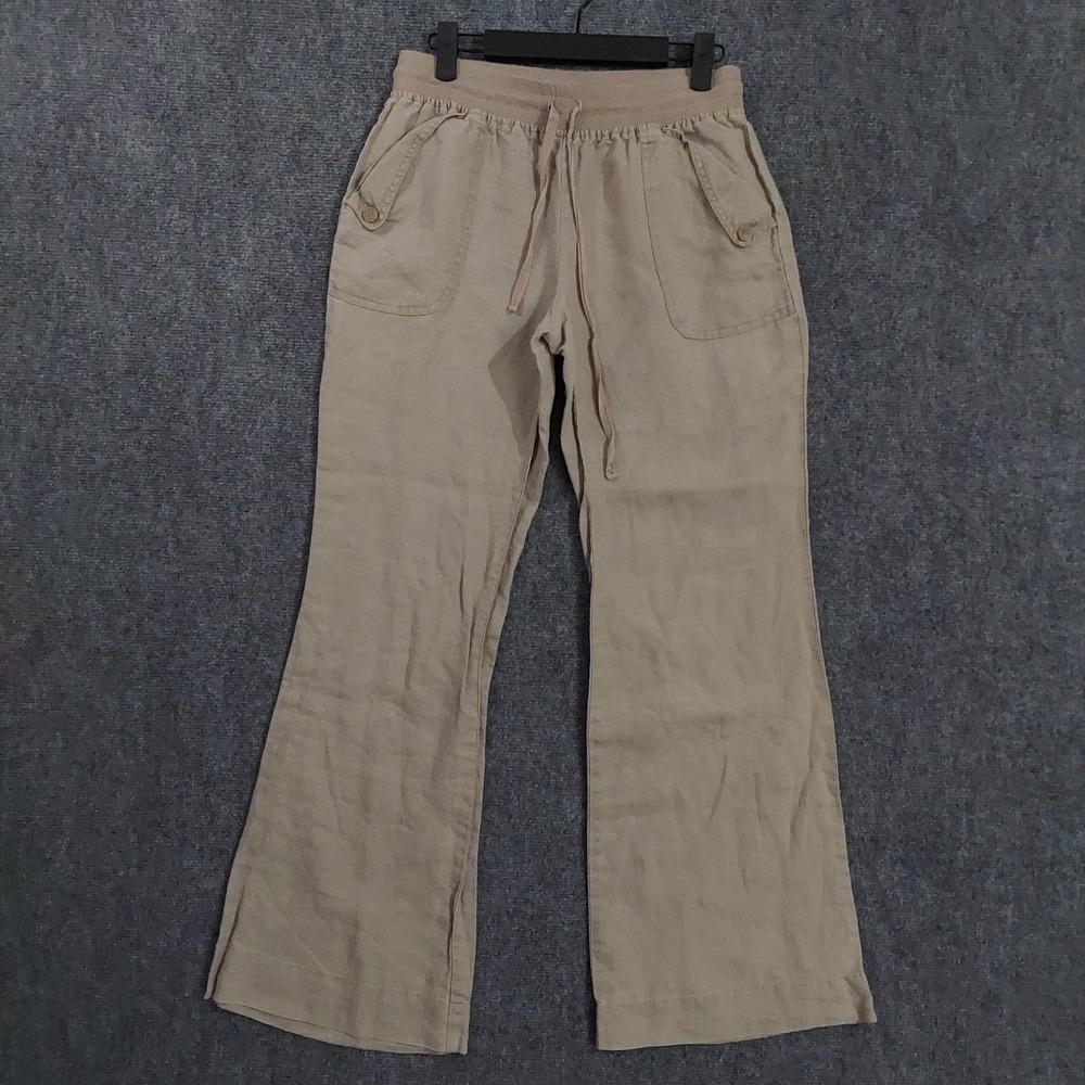 Kenar Pants Womens Small Beige 100% Linen Wide Leg Flowy Flare Elastic Waist‎